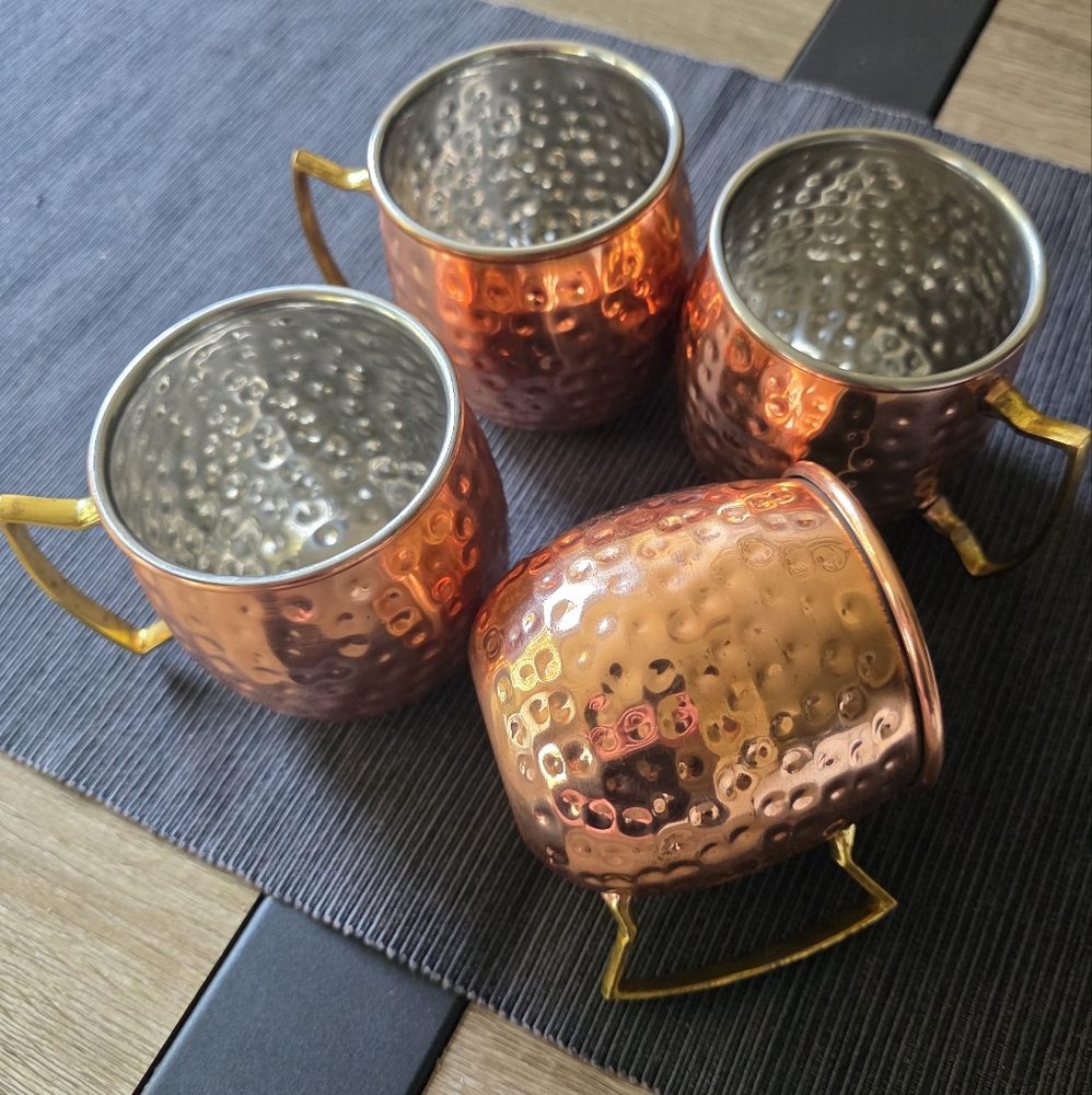 Set of Copper Hammered Mugs with Gold Handles